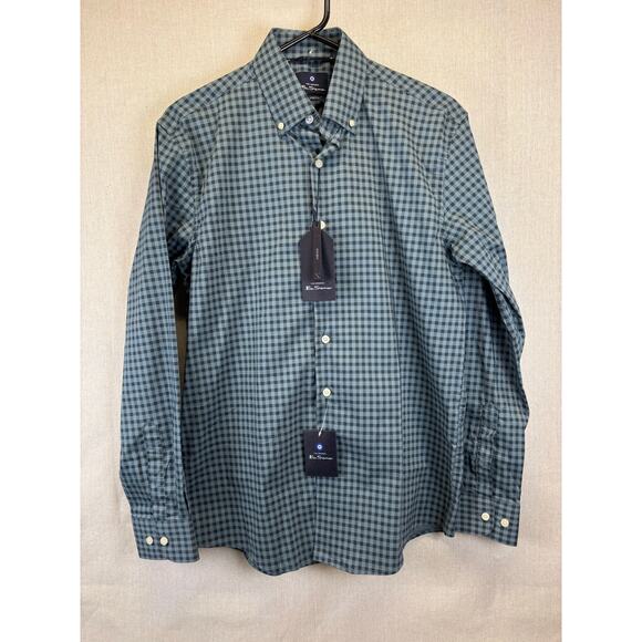 NWT Ben Sherman Men’s button-up Medium blue/green and gray check stretch - Picture 2 of 7